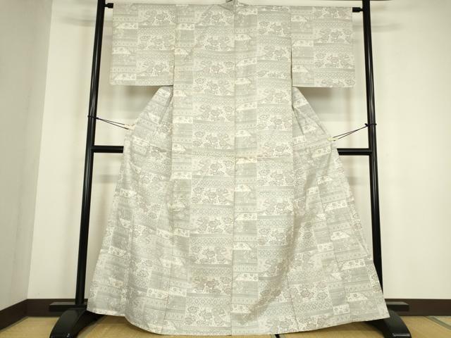 平和屋着物▽本場大島紬　白大島　単衣　9マルキ　牡丹唐草文　正絹　逸品　DABH6395az