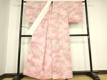 平和屋着物▽上質な小紋　単衣　草花文　暈し染め　正絹　逸品　DABH6411az