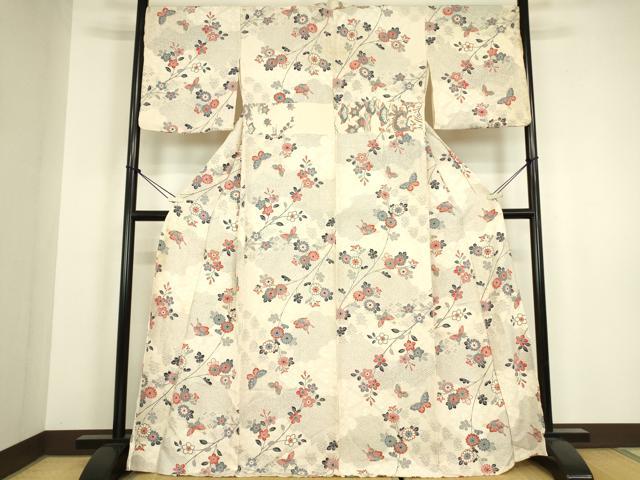 平和屋着物▽上質な小紋　単衣　舞蝶花文　金彩　正絹　逸品　DABH6430az