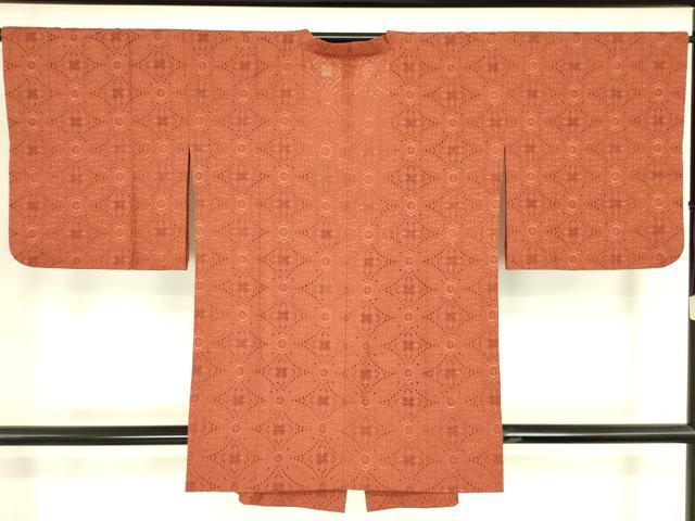 平和屋着物▽道行コート　スリーシーズン　春夏秋　塵除け　総レース　七宝花文　鉛丹色　正絹　逸品　DABH6442az