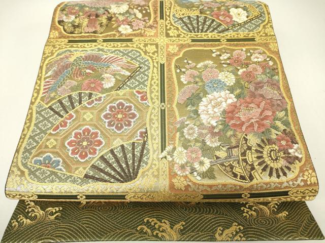 平和屋着物▼六通柄袋帯　格天井花車扇面文　金糸　正絹　逸品　DABH6447az