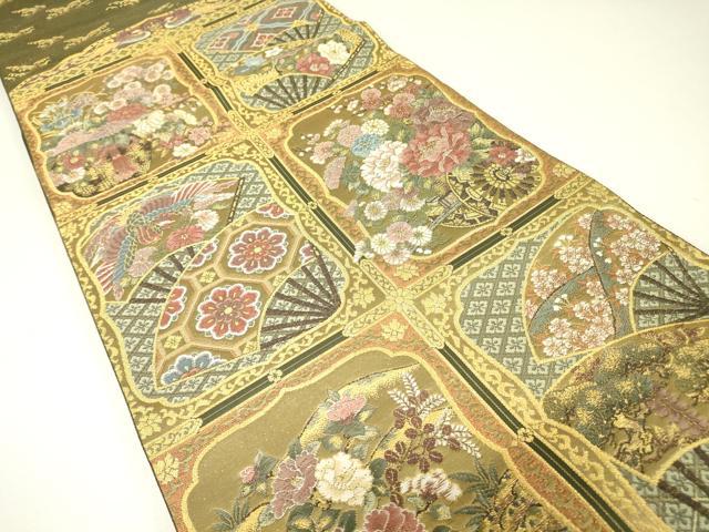 平和屋着物▼六通柄袋帯　格天井花車扇面文　金糸　正絹　逸品　DABH6447az