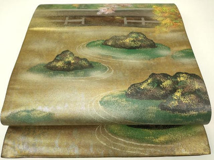 平和屋着物▼太鼓柄袋帯　作家物　枯山水　手描き　引箔　正絹　逸品　DABH6452az