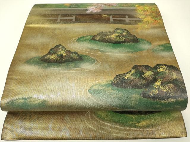 平和屋着物▼太鼓柄袋帯　作家物　枯山水　手描き　引箔　正絹　逸品　DABH6452az