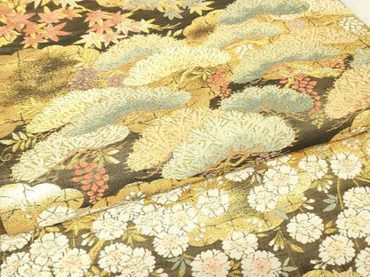 平和屋着物▼佐賀錦　六通柄袋帯　唐織　松に桜　金糸　正絹　逸品　DABH6454az
