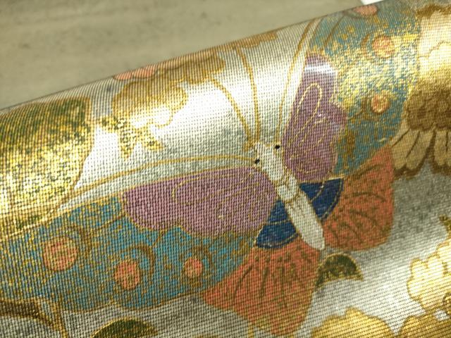平和屋着物▼太鼓柄袋帯　螺鈿箔　舞蝶花文　金彩　引箔　正絹　逸品　DABH6458az