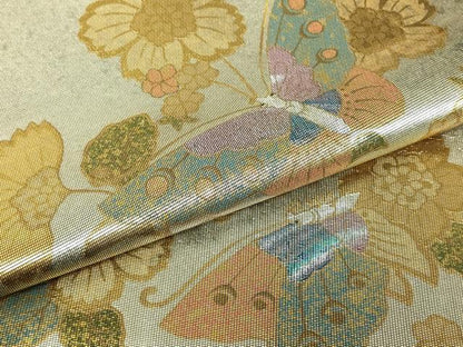 平和屋着物▼太鼓柄袋帯　螺鈿箔　舞蝶花文　金彩　引箔　正絹　逸品　DABH6458az