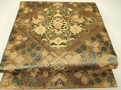 平和屋着物▼六通柄袋帯　彫金　更紗花文　正絹　逸品　DABH6461az