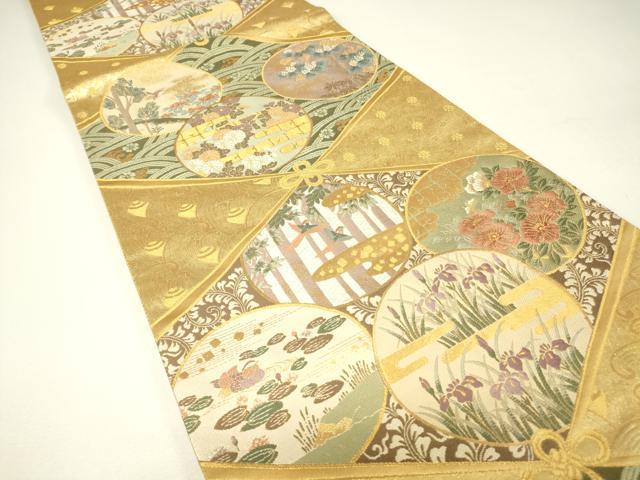 平和屋着物▼六通柄袋帯　飛鳥花丸文　金糸　正絹　逸品　DABH6463az