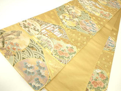 平和屋着物▼六通柄袋帯　飛鳥花丸文　金糸　正絹　逸品　DABH6463az