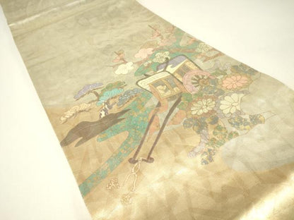 平和屋着物▼太鼓柄袋帯　螺鈿箔　御所車花文　金彩　引箔　正絹　逸品　DABH6464az