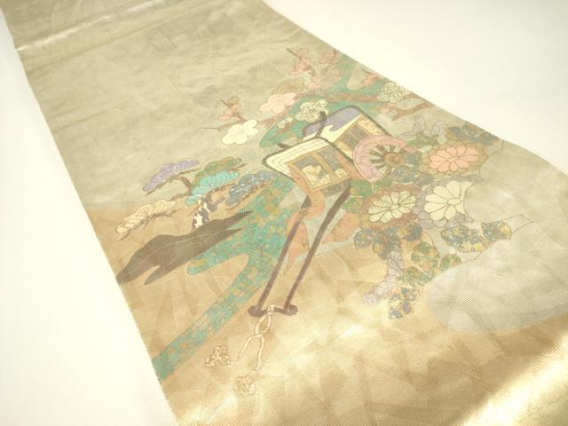 平和屋着物▼太鼓柄袋帯　螺鈿箔　御所車花文　金彩　引箔　正絹　逸品　DABH6464az