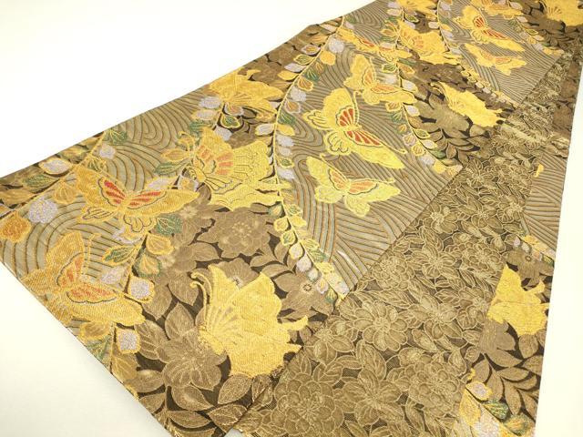 平和屋着物▼両面　六通柄袋帯　舞蝶花文　金糸　正絹　逸品　DABH6470az