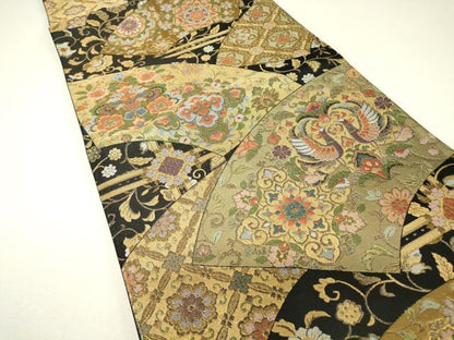平和屋着物▼六通柄袋帯　正倉院鳳凰花文　黒地　金糸　正絹　逸品　DABH6485az