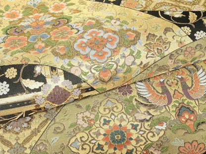 平和屋着物▼六通柄袋帯　正倉院鳳凰花文　黒地　金糸　正絹　逸品　DABH6485az