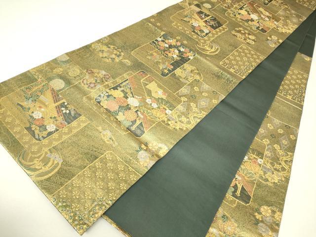 平和屋着物▼六通柄袋帯　色紙取源氏絵巻　彫金　正絹　逸品　DABH6487az