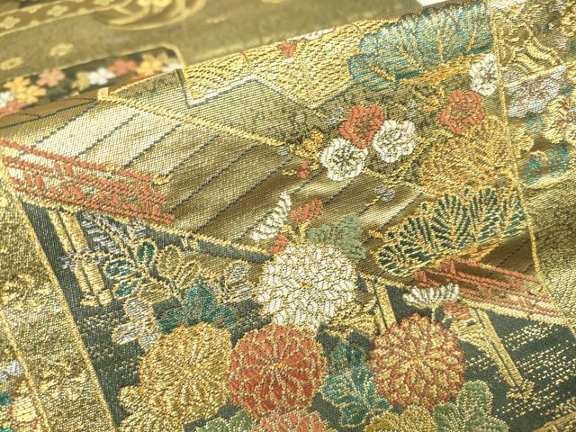 平和屋着物▼六通柄袋帯　色紙取源氏絵巻　彫金　正絹　逸品　DABH6487az