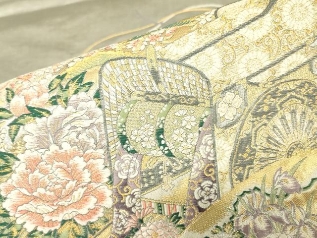 平和屋着物▼六通柄袋帯　檜扇御所車花文　金銀糸　引箔　正絹　逸品　DABH6489az