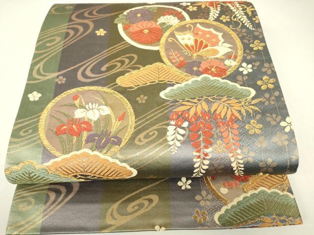 平和屋着物▼六通柄袋帯　唐織　花蝶丸文　金糸　正絹　逸品　DABH6495az
