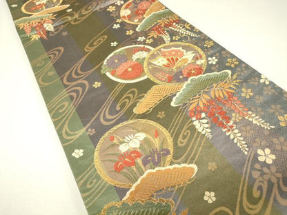 平和屋着物▼六通柄袋帯　唐織　花蝶丸文　金糸　正絹　逸品　DABH6495az