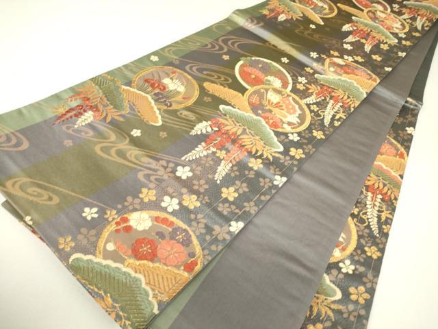 平和屋着物▼六通柄袋帯　唐織　花蝶丸文　金糸　正絹　逸品　DABH6495az