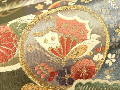 平和屋着物▼六通柄袋帯　唐織　花蝶丸文　金糸　正絹　逸品　DABH6495az