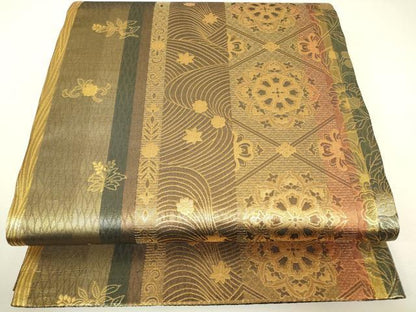 平和屋着物▼両面　六通柄袋帯　正倉院花文　金糸　反端付き　正絹　逸品　DABH6502az