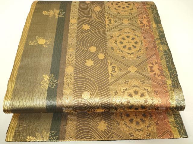 平和屋着物▼両面　六通柄袋帯　正倉院花文　金糸　反端付き　正絹　逸品　DABH6502az