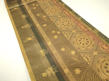 平和屋着物▼両面　六通柄袋帯　正倉院花文　金糸　反端付き　正絹　逸品　DABH6502az