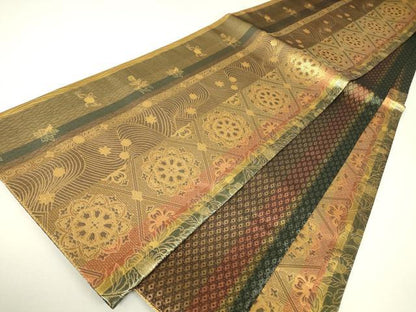 平和屋着物▼両面　六通柄袋帯　正倉院花文　金糸　反端付き　正絹　逸品　DABH6502az