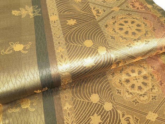 平和屋着物▼両面　六通柄袋帯　正倉院花文　金糸　反端付き　正絹　逸品　DABH6502az