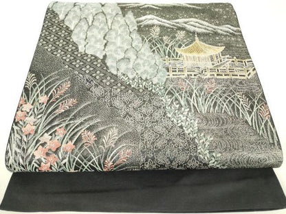 平和屋着物▼六通柄袋帯　九百緞子織　名所風景文　金銀糸　正絹　逸品　DABH6504az