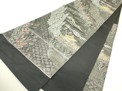 平和屋着物▼六通柄袋帯　九百緞子織　名所風景文　金銀糸　正絹　逸品　DABH6504az