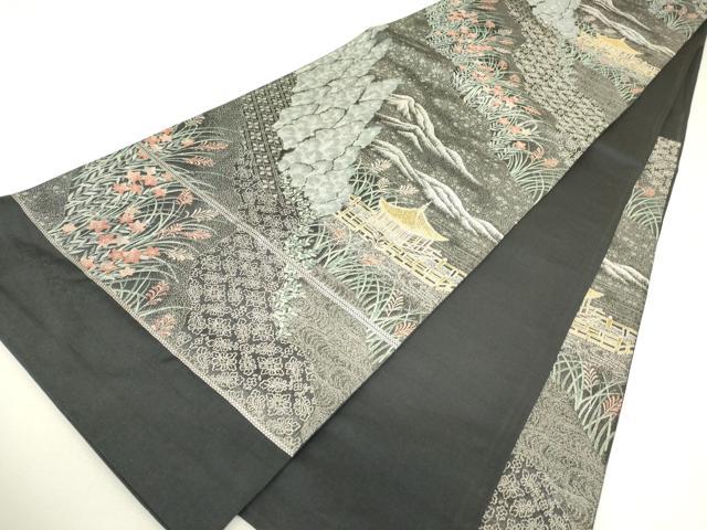 平和屋着物▼六通柄袋帯　九百緞子織　名所風景文　金銀糸　正絹　逸品　DABH6504az