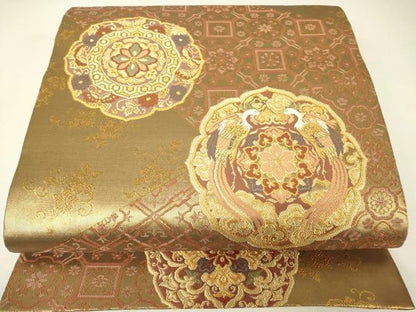 平和屋着物▼六通柄袋帯　正倉院鳳凰花文　金糸　正絹　逸品　DABH6509az