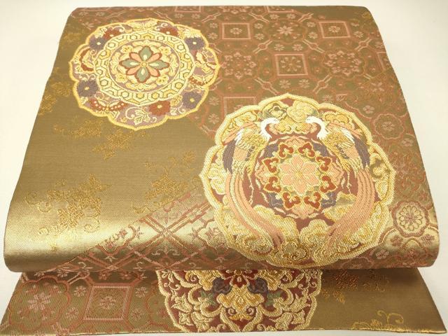 平和屋着物▼六通柄袋帯　正倉院鳳凰花文　金糸　正絹　逸品　DABH6509az