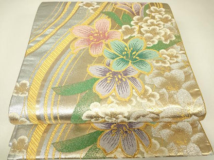 平和屋着物▼六通柄袋帯　流水花文　金銀糸　正絹　逸品　DABH6531az