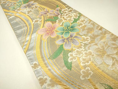 平和屋着物▼六通柄袋帯　流水花文　金銀糸　正絹　逸品　DABH6531az