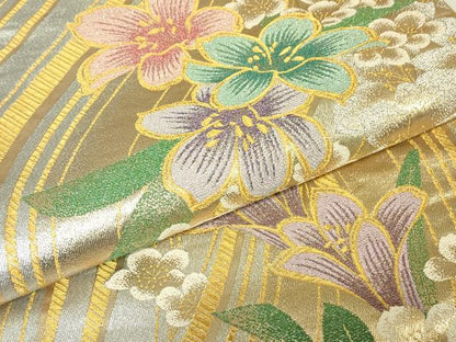 平和屋着物▼六通柄袋帯　流水花文　金銀糸　正絹　逸品　DABH6531az