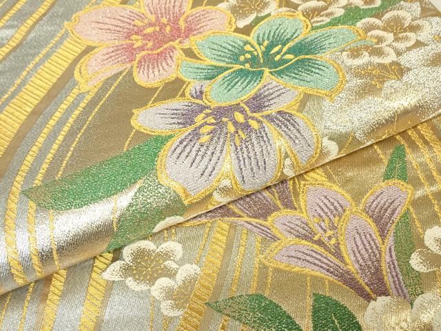 平和屋着物▼六通柄袋帯　流水花文　金銀糸　正絹　逸品　DABH6531az