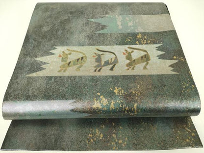 平和屋着物▼太鼓柄袋帯　螺鈿箔　動物文　金彩　引箔　反端付き　正絹　逸品　DABH6542az
