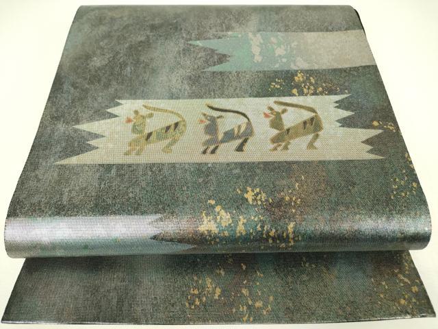 平和屋着物▼太鼓柄袋帯　螺鈿箔　動物文　金彩　引箔　反端付き　正絹　逸品　DABH6542az