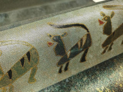 平和屋着物▼太鼓柄袋帯　螺鈿箔　動物文　金彩　引箔　反端付き　正絹　逸品　DABH6542az