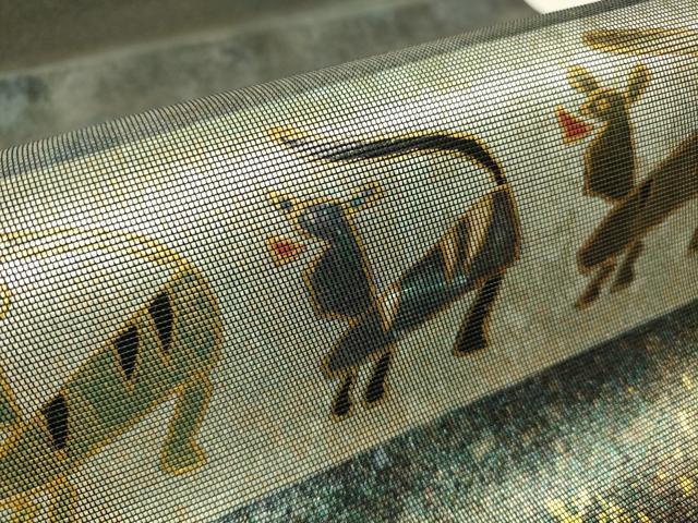 平和屋着物▼太鼓柄袋帯　螺鈿箔　動物文　金彩　引箔　反端付き　正絹　逸品　DABH6542az