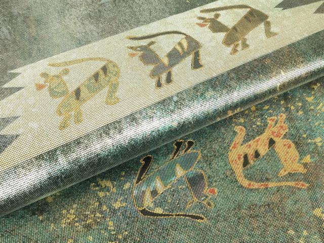 平和屋着物▼太鼓柄袋帯　螺鈿箔　動物文　金彩　引箔　反端付き　正絹　逸品　DABH6542az