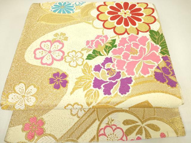 平和屋着物▼六通柄袋帯　菊牡丹文　金糸　正絹　逸品　DABH6545az