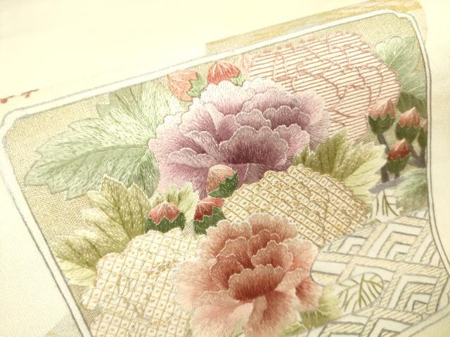 平和屋着物▼太鼓柄袋帯　刺繍　色紙花文　金彩　正絹　逸品　DABH6546az