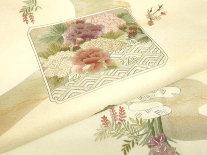 平和屋着物▼太鼓柄袋帯　刺繍　色紙花文　金彩　正絹　逸品　DABH6546az