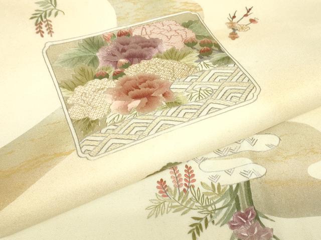 平和屋着物▼太鼓柄袋帯　刺繍　色紙花文　金彩　正絹　逸品　DABH6546az