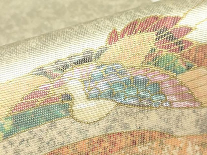 平和屋着物▼太鼓柄袋帯　螺鈿箔　流水飛鶴文　金彩　引箔　正絹　逸品　DABH6550az